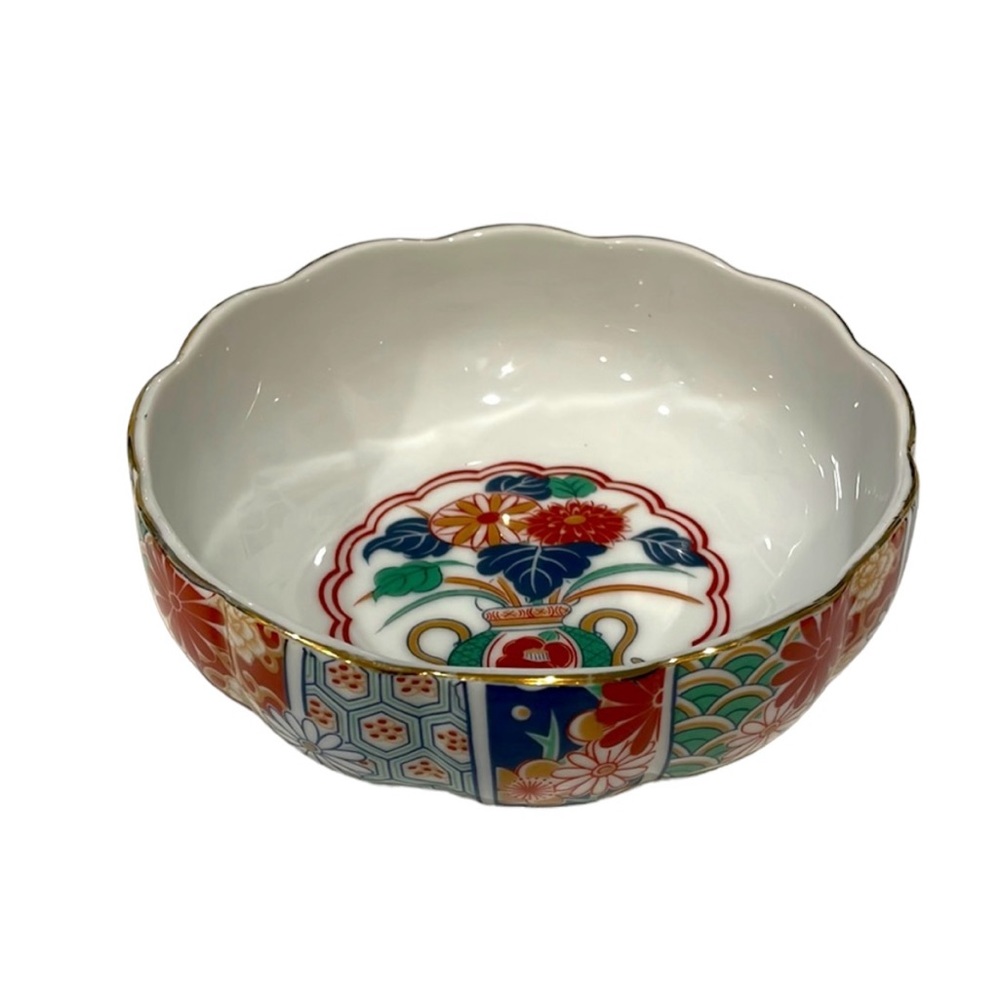 Vintage Arita Imari Fan Japanese Porcelain Candy Dish Bowl Scalloped Edge EUC